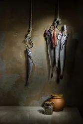 Naturaleza muerta rústica con pescado
