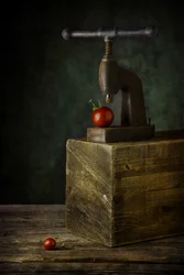 Naturaleza muerta con una prensa de tomates antigua