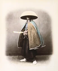 Un samurái japonés con traje tradicional, c.1868