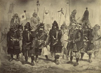 Copia fotográfica de un dibujo de guerreros japoneses por Charles Wirgman