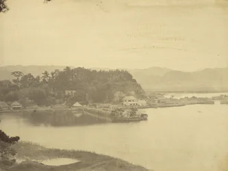 Casa de té en Kanazawa, bahía de Hirakata desde Kyurantei