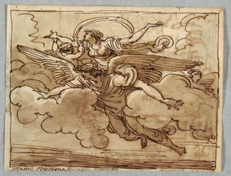 Una mujer sostenida por un ángel volador