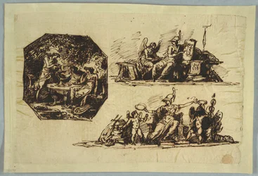 Baco, Apolo y Mnemosine; Minerva con trofeos