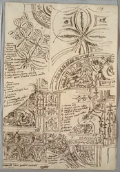 Estudios decorativos de techos con grotescos; estudios de monumento con sello papal, Sisto V