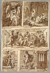 Diseño después de pinturas de Rafael y pinturas en Bolonia de Albani, Francia, Parmigianino; Monumento Verso: Estudio anatómico
