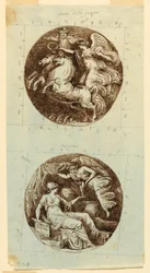 Dibujo, Victoria alada montada en carro; Victoria alada coronando a Minerva; dos medallones, hacia 1805