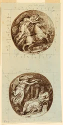 Dibujo, Una victoria alada montada en un carro; Una victoria alada coronando a un dios del río, Reno; dos medallones, ca. 1805
