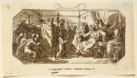 Dibujo, Diseño del techo: El embajador romano pide a la sabina Numa Pompilio que reine sobre Roma, Sala di Numa Pompilio, Palazzo Milzetti, Faenza, 1802-05