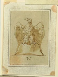 Dibujo, Proyecto: Águila desplegada, con las alas invertidas, de pie sobre un sombrero bicorne francés, ca. 1800
