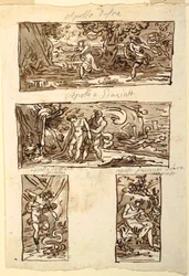 Cuatro dibujos del mito de Apolo; Decoración de una pared sobre una chimenea, Sala de Apolo, Palazzo Cavina, Faenza