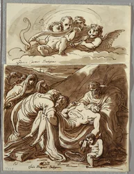 Cuatro putti haciendo música, estudio después de Lodovico Carracci; Cristo, estudio después de Massari