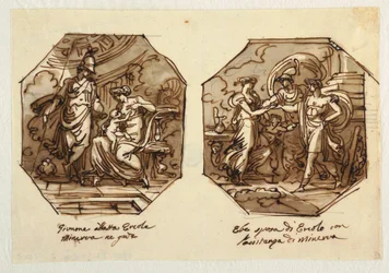 Juno amamantando a Hércules, Hebe se casa con Hércules con la ayuda de Minerva, diseñado para la Sala di Ercole e Ebe, Palazzo Gaddi, Forli.