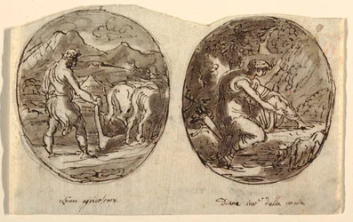El hombre agricultor, Diana la diosa de la caza, Diseño para el techo abovedado, Sala dei Legislatori, Palazzo Conti-Sinibaldi, Faenza