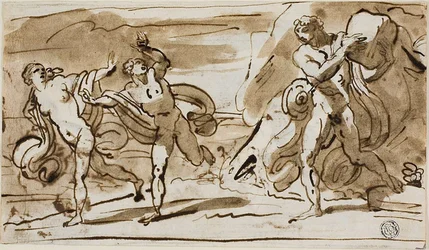 Polifemo lanzando rocas a los fugitivos Aeis y Galatea (recto); Polifemo tocando su flauta de caña para Galatea (verso)