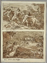 Remo ahuyenta y mata a los ladrones de los rebaños; Santuario para los fugitivos en el Campidoglio, dos estudios después de Carracci