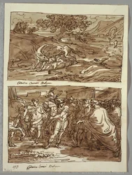 Rómulo y Remo amamantados por la loba; Rómulo dedica a Júpiter Feretrio los despojos del rey conquistado Acronius, dos estudios después de Carracci
