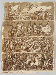 Página de cuaderno de bocetos: Nacimiento de Alejandro Magno; Batalla de Alejandro y Darío; Triunfo de Alejandro