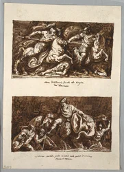 Página de cuaderno de bocetos: Muerte de Flaminio en la batalla de Trasimeno; Annabelle pierde un ojo en los pantanos de Fiano, Toscana