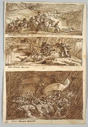 Página de cuaderno de bocetos, Folio 95: Tres pinturas después de Giulio Romano; Verso: León y Águila