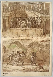 Página de cuaderno de bocetos, folio 98: Dos pinturas después de Caravaggio y Rafael; Verso: Águila y buey