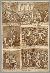 Página de cuaderno de bocetos: seis escenas; Verso: cinco estudios de cabezas de caballos; cabeza de león