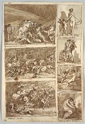 Página de cuaderno de bocetos: estudios de pinturas en Ferrara, Roma, Bolonia, Mantua después de los artistas Tibaldi, Rafael, Andrea del Sarto y Polidoro; Verso: esqueleto de pájaro y cabeza de caballo
