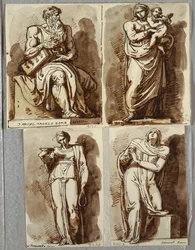 Estudios de cuatro estatuas en la tumba de Julio II, después de Miguel Ángel: Moisés; Madonna y el Niño; Lea, Virtud; Raquel, Religión