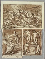La batalla entre los romanos y los sabinos; Aparición de Rómulo a Proculus, dos estudios después de los Carracci; Candelabro