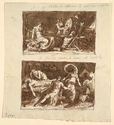 Tetis en el taller de Hefesto; Tetis mostrando la armadura a Aquiles: Dos diseños para paneles de techo en la Galería de la Ilíada, Palazzo Milzetti, Faenza