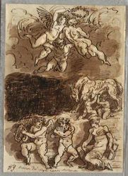 Tres putti con guirnalda; Rómulo y Remo amamantando de la loba; Dos putti tocando platillos