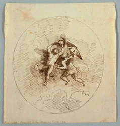 Dos putti voladores con armas