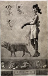 Pornokrates (Mujer desnuda, ojos vendados, rodeada de ángeles y llevando un cerdo con una correa)