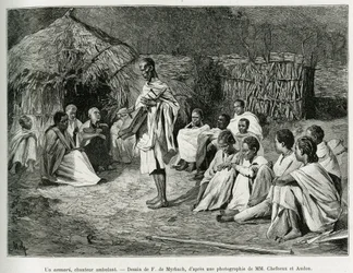 Un asmari, un cantante ambulante. Grabado por F. De Myrbach, después de una fotografía, para ilustrar la historia Viaje al Choa (Abyssinie meridionale), en 1884-1888, por Henry Audon, en le tour du monde 1889, dirigido por Edouard Charton (1807-1890), Hach