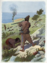 Robinson Crusoe mata a los salvajes que persiguen a Viernes