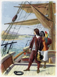 Robinson Crusoe deja su isla - Ilustración de Felician MYRBACH MYRBACH RHEINFELD (1853-1940) para el libro de Daniel Defoe Robinson Crusoe. Sin fecha. Alrededor de 1934