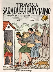 Imperio Inca: campesinos incas trabajando en los campos en julio - Dibujo a tinta del manuscrito de Don Felipe Puma de Ayala “Nueva coronica y buen gobierno” ilustrando la vida de los incas, circa 1587 Lima, Museo Nacional de Antropología, Arqueología e Hi