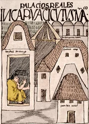 Imperio Inca: Templos y Palacios en Cuzco, Perú - Dibujo en tinta del manuscrito “Nueva coronica y buen gobierno” de Don Felipe Puma de Ayala ilustrando la vida de los Incas, circa 1587 Lima, Museo Nacional de Antropología, Arqueología e Historia
