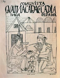 Inca de Cuzco y conquistador inglés recibiendo regalos a cambio de la libertad del emperador inca Atahualpa