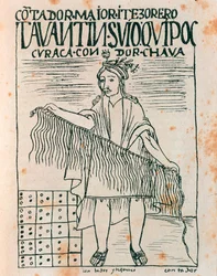 Hombre inca sosteniendo un quipu: sistema de contabilidad usando cuerdas y nudos (dibujo a tinta)