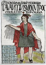 Quipu (Quipo Quipou), sistema contable inca de cuerdas y nudos, cultura inca 1400-1532 d. C., manuscrito de Felipe Guaman Puma de Ayala (Nueva Coronica y buen Gobierno), cronista indio del siglo XVI.