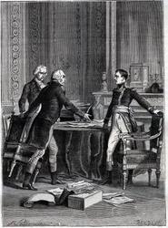 Primera deliberación de los tres cónsules en el Palacio de Luxemburgo - Napoleón Bonaparte, Emmanuel Joseph Sieyès y Pierre Roger-Ducos 1799 - Grabado por Barbant, después de Philippoteaux - Primer Consulado, 24 Frimaire VIII (15 de diciembre de 1799), pri