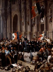 Revolución de 1848: Alphonse de Lamartine (1790 - 1869), rechazando la bandera roja en favor de la bandera tricolor, en el Ayuntamiento. París, 26 de febrero de 1848. Detalle de una pintura de Henri Félix Philippoteaux (1815 - 1884), París, Musée du Petit