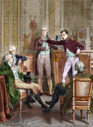 El Primer Cónsul Bonaparte hablando con el matemático Gaspard Monge - Grabado por Félix Philippoteaux (1815-1884)