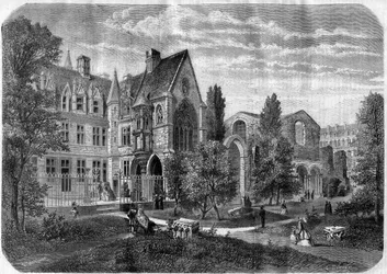 La plaza del Palacio de las Termas y del Hospital de Cluny en París en 1868 - Grabado después de un dibujo de Felix de Thorigny
