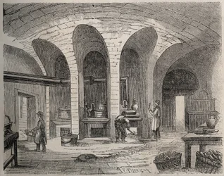 París - Prisión de la Petite Roquette (prisión para mujeres y adolescentes) - Las Cocinas - Grabado por después de Félix Thorigny - en Le Monde Illustré de julio de 1865