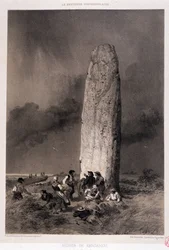 Campesinos alrededor del menhir de Kergadiou (Finisterre) - en "La Bretaña contemporánea", ilustrado por Félix Benoist, ed. Charpentier, París