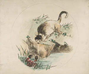 Decoración para un plato: Un gato cazando un cangrejo