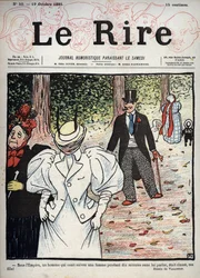 Portada del periódico “Le Rire”, n°50, 10 de octubre de 1895: Bajo el Imperio, un hombre que se atrevía a seguir a una mujer durante diez minutos sin hablarle era elegante, ¡hija mía!