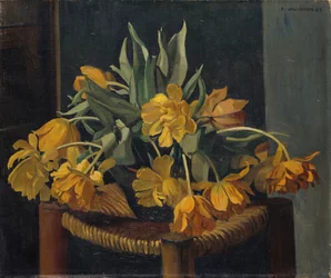 Tulipanes amarillos dobles en una silla de mimbre, 1923