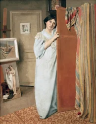 Interior del taller con la esposa del artista